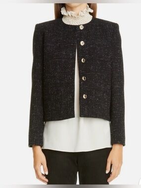 Lafayette 148 New York Kade Black Tweed Cropped Jacket with Gold Buttons